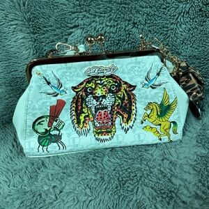 NWT Ed Hardy Aqua White Kisslock Shoulder Handbag Clutch Bedazzled Tiger Head